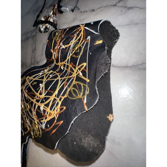 NEW Handmade GENUINE ITALIAN LEATHER Belt Sash Black Gold Silver Beaded OSFA - Picture 8 of 8